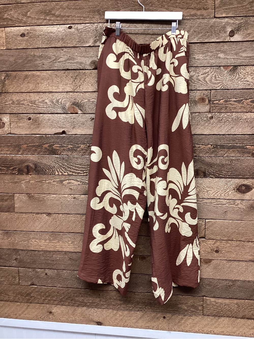 NWT Mango Brown & Cream Tropical Print Wide Leg Pants XL - Picture 2 of 7